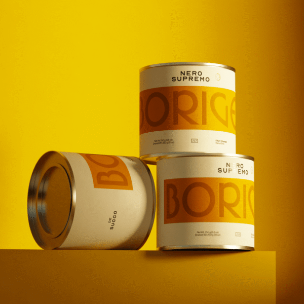 Borige Opts For Elegantly Bold Tins and Oversized type